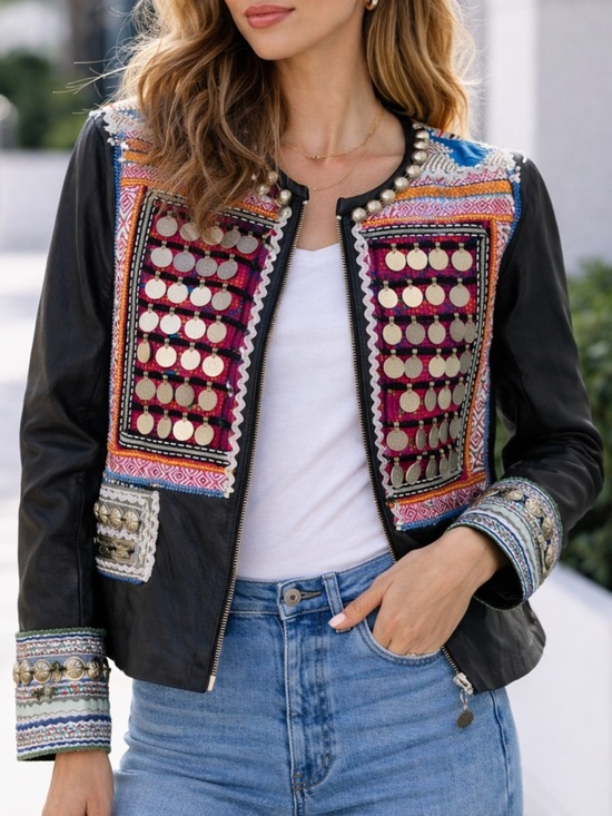 tete by odette Jackets & Blazers - teté by Odette Embellished Leather Jacket Vintage Hmong Tribal OOAK Boho